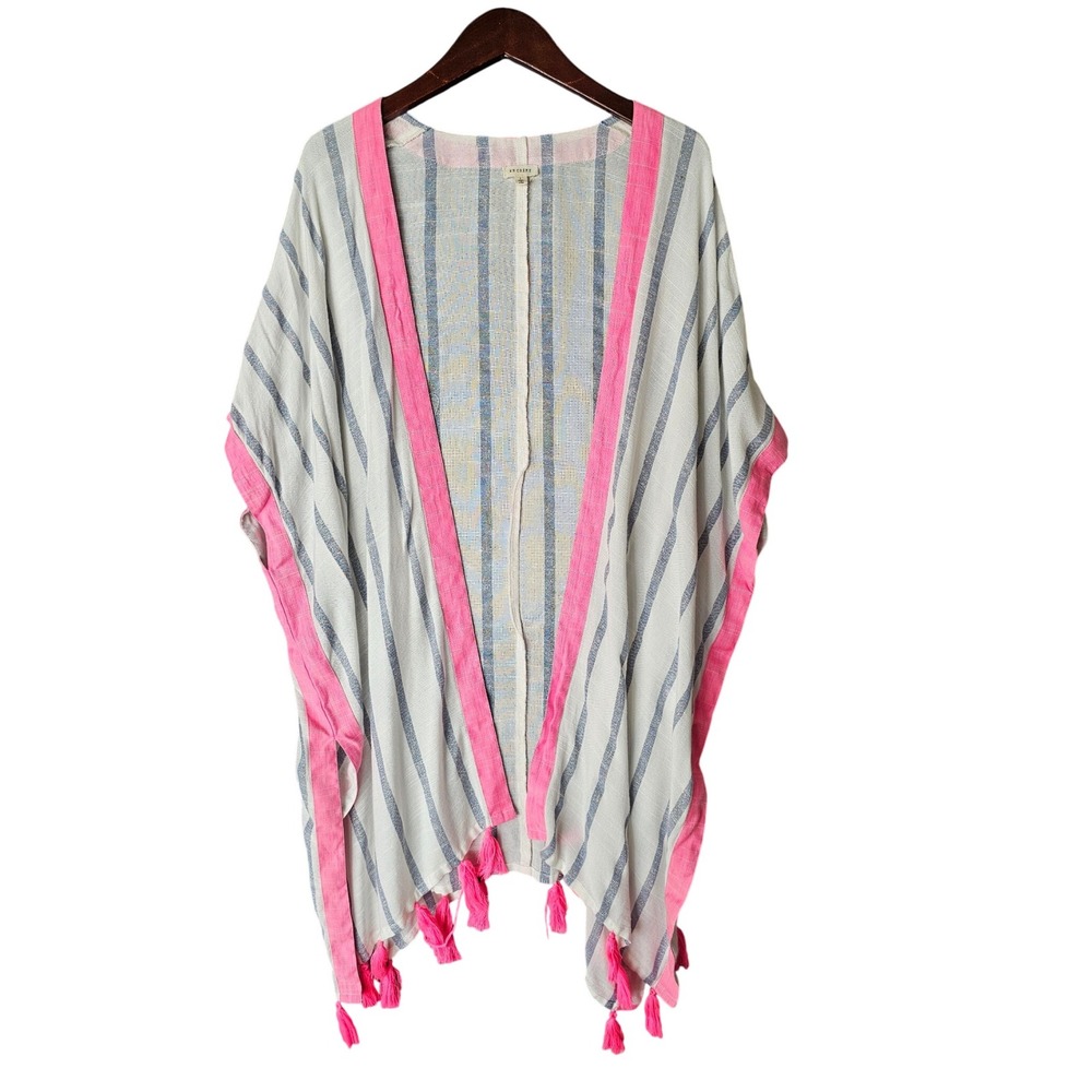 En Crème Kimono Duster Cover Up Striped Tassel Pink‎ White Blue Boho Chic L